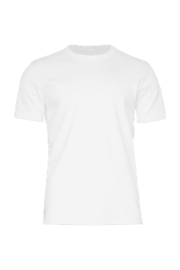 A white men's t-shirt featuring short sleeves and a round neck, with a logo on the front.