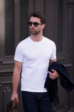 A white men’s T-shirt is displayed, worn by a man carrying a bag and dressed in dark jeans and sunglasses.