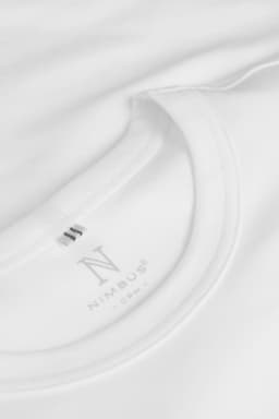 A white t-shirt featuring a round neckline and a logo on the inside tag.