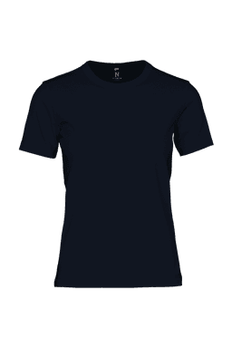 A women's short-sleeve T-shirt in navy blue, featuring a simple design and a logo on the tag.