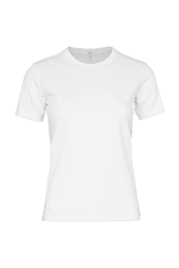 A white women's t-shirt featuring short sleeves and a round neckline. The shirt has a branding logo.