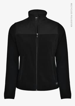 A black women's jacket with a zip front and a contrasting upper panel, featuring a logo. Made from recycled polyester.