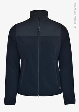 A navy blue jacket with a high collar and zip front, made from recycled polyester, featuring a logo.