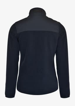 A women's jacket in navy featuring a high collar and a sleek design. The back is predominantly dark blue and has a logo.