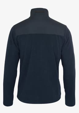 A navy blue men's jacket with a high collar and a contrasting dark panel on the upper back. It has a logo on the back.