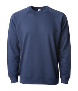 A unisex lightweight loopback terry crew in navy blue, featuring a raglan sleeve design and a logo.