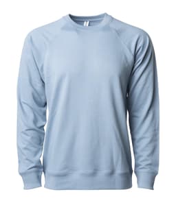 A light blue unisex crew sweatshirt features a simple design and a logo on the front.