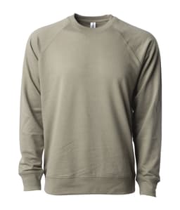 A unisex lightweight crew sweatshirt in a muted khaki colour, featuring raglan sleeves and a logo on the label.