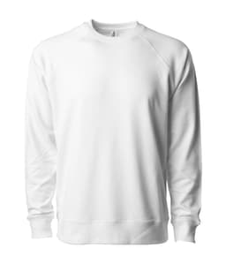 A white unisex lightweight loopback terry crew sweatshirt with a simple design and a logo.