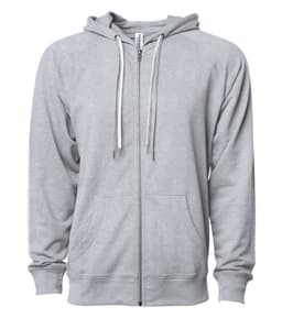 A grey unisex lightweight loopback terry zip hoodie featuring a front zipper and two pockets. It has a brand logo.