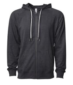 A unisex lightweight loopback terry zip hoodie in dark grey with a front zip and hood, featuring a logo.