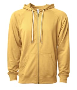A yellow unisex zip-up hoodie with a front pocket and drawstrings on the hood, featuring a logo.