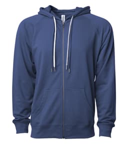 A navy blue unisex lightweight loopback terry zip hoodie with a front zip and drawstring hood. It features a logo.