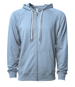 A light blue unisex zip-up hoodie made from lightweight loopback terry fabric, featuring a hood and front pockets.