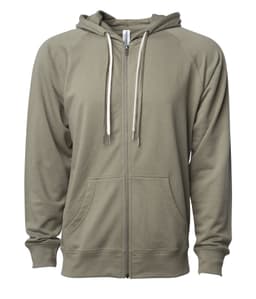 A unisex lightweight loopback terry zip hoodie in olive green, featuring a front zipper and drawstring hood.