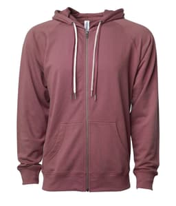 A unisex lightweight loopback terry zip hoodie in a muted mauve colour, featuring a full zip and drawstring hood.