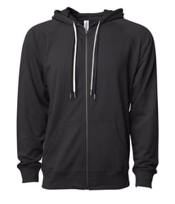 A unisex lightweight loopback terry zip hoodie in black, featuring a front zip and drawstring hood.