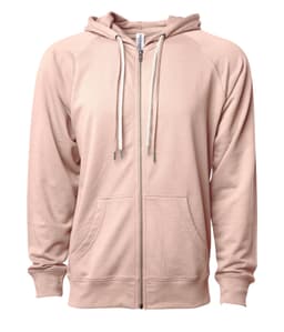 A unisex lightweight loopback terry zip hoodie in a soft pink colour with a front pocket and hood.