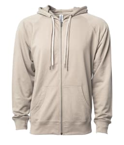 A unisex lightweight zip hoodie in a beige colour, featuring a hood and front pockets. It has a brand logo.