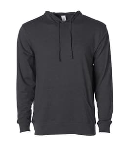 A mens jersey pullover hood in dark grey, featuring a hood and a front pocket, with a logo present.