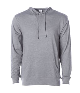 A grey men's jersey pullover hood with a front pouch pocket and drawstring hood. It has a branding logo on it.