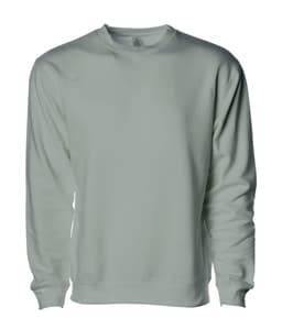 A light grey crew sweatshirt with long sleeves and a round neckline, featuring a logo on the front.