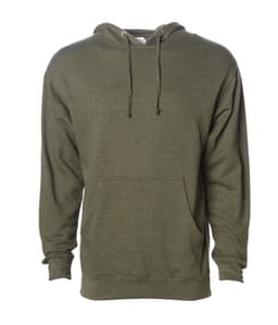 A midweight pullover hood in olive green featuring a front pouch pocket and drawstring hood. It has a logo.