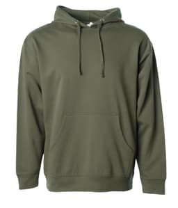 A men's midweight pullover hood in olive green, featuring a front pouch pocket and a hood. It has a logo.