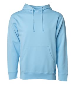 A light blue midweight pullover hooded sweatshirt with a front pocket and a logo.