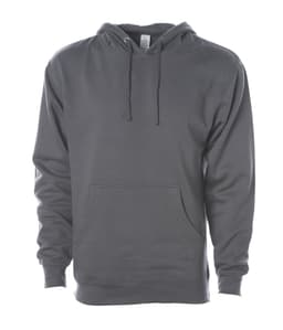 A grey midweight pullover hood featuring a front pocket and adjustable drawstring hood. Includes a logo.