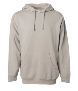 A beige midweight pullover hoodie with a front pocket and a drawstring hood. It features a logo on the front.