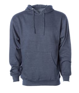 A navy blue midweight pullover hooded sweatshirt with a front pouch pocket and drawstrings. It features a logo.