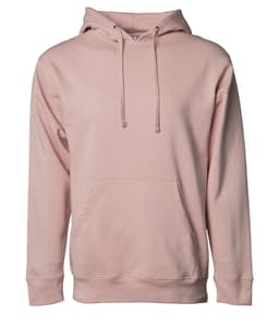 A midweight pullover hood in a soft pink colour, featuring a front pocket and an adjustable hood with drawstrings.