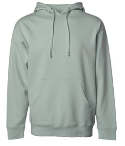 A midweight pullover hood in a soft green colour, featuring a front pocket and an adjustable hood.