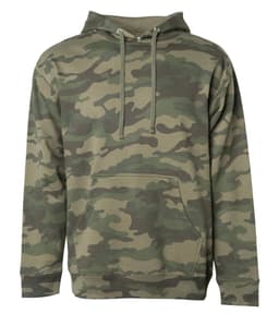 A camouflage midweight pullover hood in earthy tones with a front pocket and an attached hood. It has a logo.