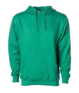 A green midweight pullover hooded sweatshirt with a front pocket and a drawstring hood. Includes a logo.