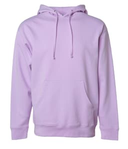 A lilac midweight pullover hood featuring a front pocket and an adjustable hood. The garment includes a logo.