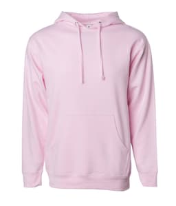 A pink midweight pullover hood with a front pocket and a hoodie design. It features a logo on the garment.
