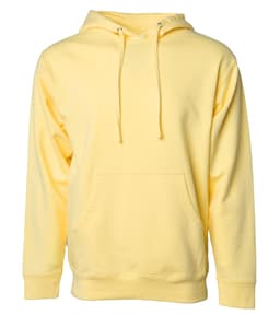 A yellow midweight pullover hood featuring a front pocket and a drawstring hood, with a logo.
