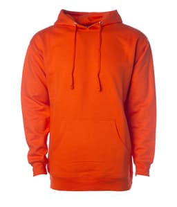 An orange midweight pullover hood featuring a front pocket and a hood with drawstrings. It also has a logo.