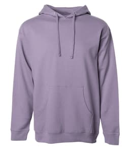 A midweight pullover hood in lavender with a front pocket and a hood, featuring a logo.