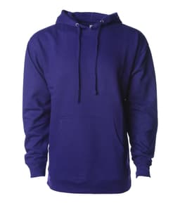 A men's midweight pullover hood in a rich purple colour, featuring a front pocket and a hood with drawstrings.