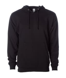 A black midweight pullover hooded sweatshirt featuring a kangaroo pocket and drawstring. It has a logo.
