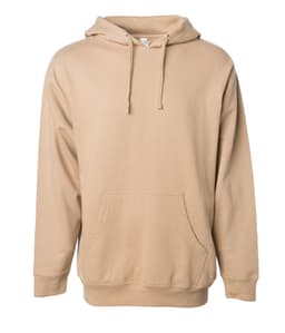 A midweight pullover hood in a beige colour, featuring a spacious front pocket and a hood with drawstrings.