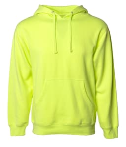 A bright yellow midweight pullover hooded sweatshirt featuring a front pocket and drawstring hood. It has a logo on it.