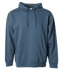 A midweight pullover hood in a blue shade with a front pocket and a hood. It has a logo on the sleeve.