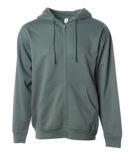 A midweight zip hood in dark green with a front zipper, drawstring hood, and pockets. It has a logo on the label.