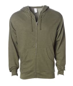 A midweight zip hoodie in olive green with a front zipper and two side pockets. Features a logo on the label.