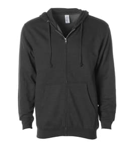 A men's midweight zip hoodie in charcoal grey, featuring a front zip and two pockets. It has a logo on the label.
