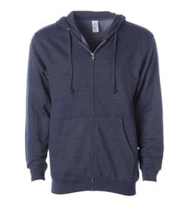 A navy midweight zip hooded sweatshirt featuring a front zipper and kangaroo pockets, with a logo present.